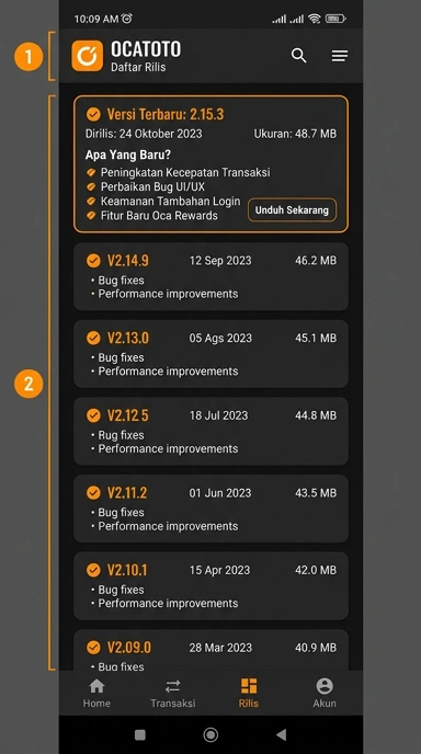 Tampilan riwayat versi ocatoto